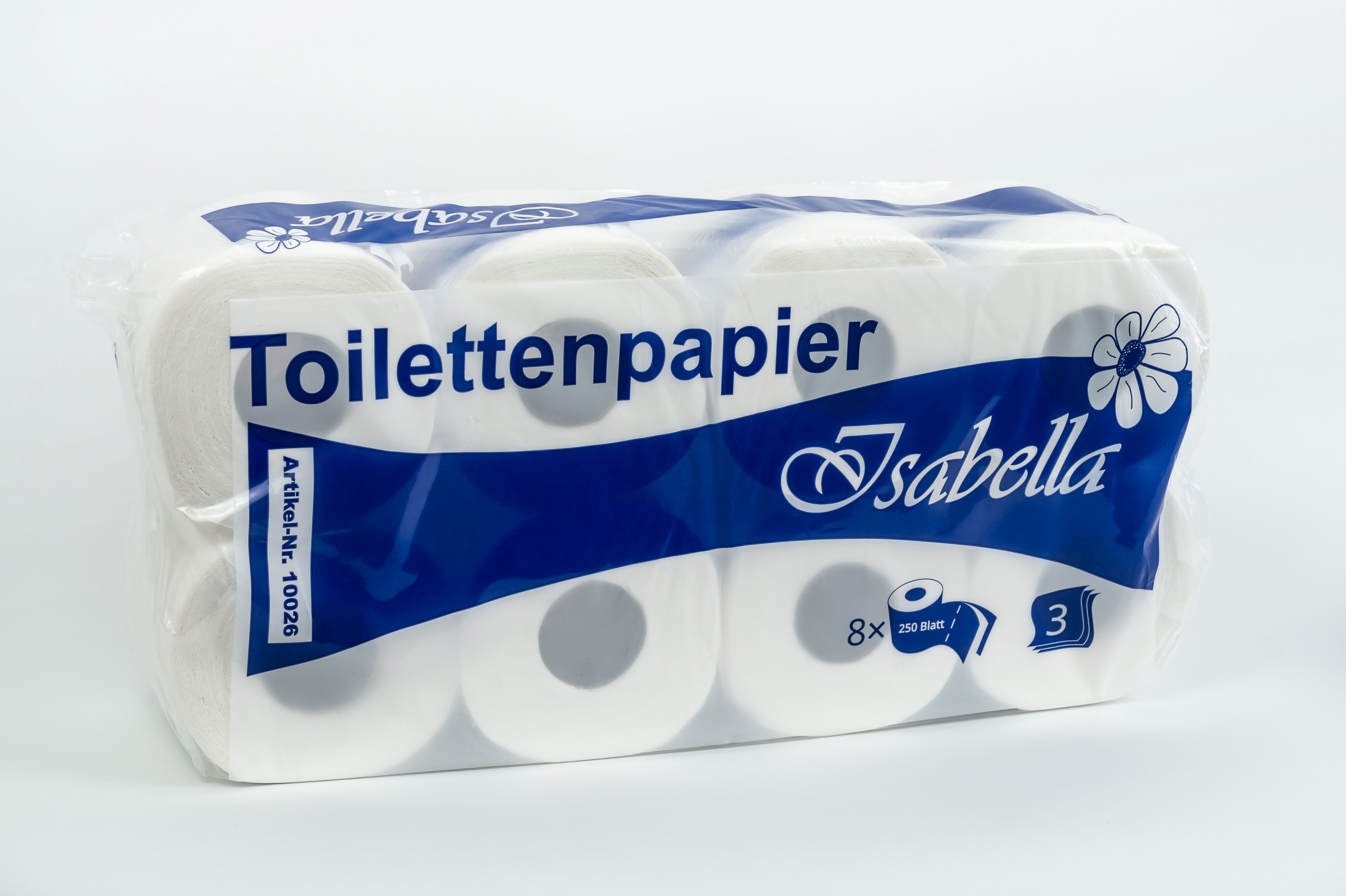 Toilettenpapier 3-lagig, 250 Blatt/Rolle, Zellstoff geprägt | 72 Rollen/Sack | 8 Rollen/Pack | 9 Pack/Sack