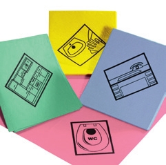 Feuchtwischtuch mit Piktogrammen 35 x 40 cm | 10 Stück/Pack | mit antibakterieller Ausrüstung, gelb - Waschbecken | rosa - WC | blau - Schreibtisch | grün - Küche