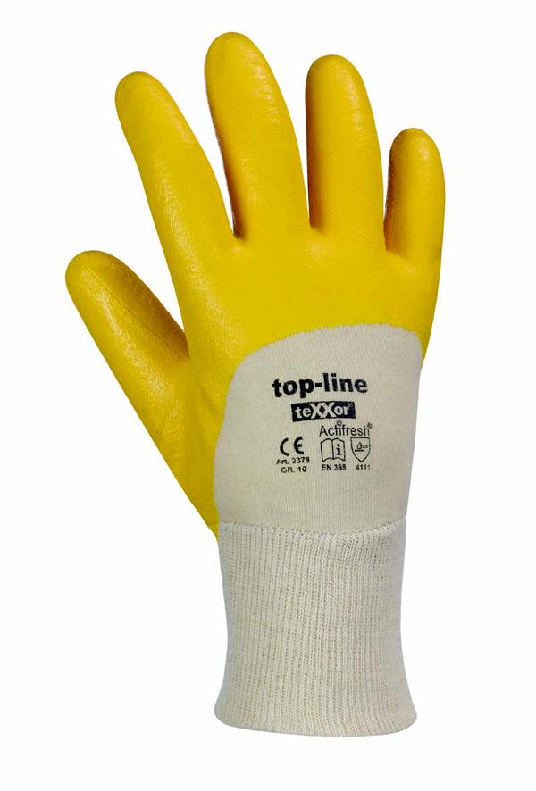 Arbeitsschutzhandschuhe Nitril- beschichtet, mit Strickbund, gelb, Topline-Qualität | Größen: 7 - 10 | gute Abriebfestigkeit, flexibel, sehr gute Passform, sehr hoher Tragekomfort