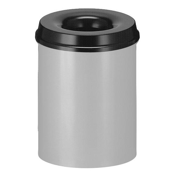 Abfallbehälter: Feuerlöschender Papierkorb rund, geschlossen, aus Metall | 15 Liter  | aluminiumfarben mit schwarzem Deckel, löscht selbständig brennenden Abfall