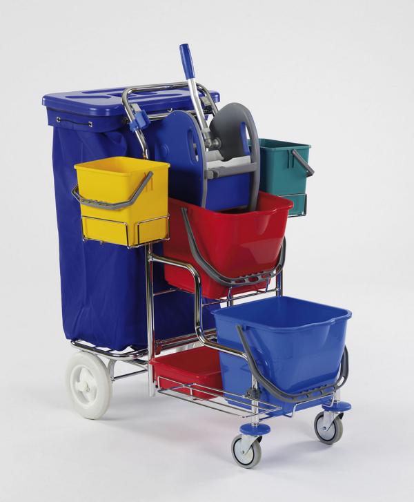 Reinigungswagen "SW 20 Plus" Doppelfahrwagen verchromt | 2 x 17 Liter  | Stufenwagen mit 2 großen Kunststoffrädern hinten, 2 x 17-Liter-Eimer, 2 x 6-Liter-Eimer, Presse, Ablageschale, Abfalleinheit für 120-Liter-Müllsack