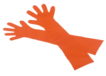 PE-Veterinärhandschuhe schulterlang, Universalgröße | 50 Stück | Länge ca. 90 cm, Farbe orange, nicht steril