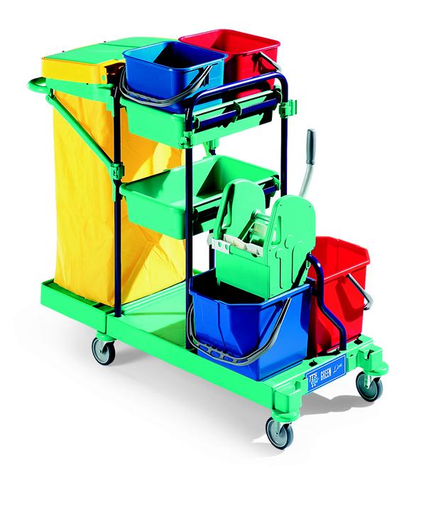 Systemwagen Green Line "Green 150 Blau" | 123 x 65 x 110 cm  | Kunststoffeimer á 15 Liter blau/rot, Presse, Kunststoffschalen breit, 12-Liter-Eimern rot/blau, Abfalleinheit