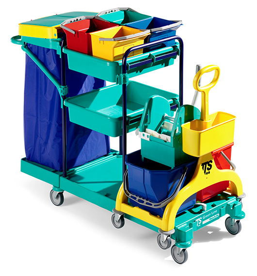 Systemwagen Green Line "Green 450 Blau" | 138,5 x 73 x 107 cm  | Systemwagen mit Kunststoffschalen, 4 x 6-Liter-Eimer, Abfalleinheit + zusätzlichem Reinigungswagen "Nick-30-Liter"