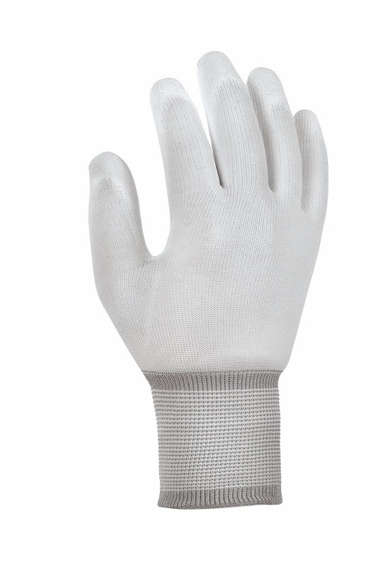 Polyester-Strickhandschuhe mit PU-Beschichtung, weiß  | Finger und Innenhand mit Polyurethan-Beschichtung, Handrücken und Fingeroberseiten frei, Strickbund | Größe XS - XXL