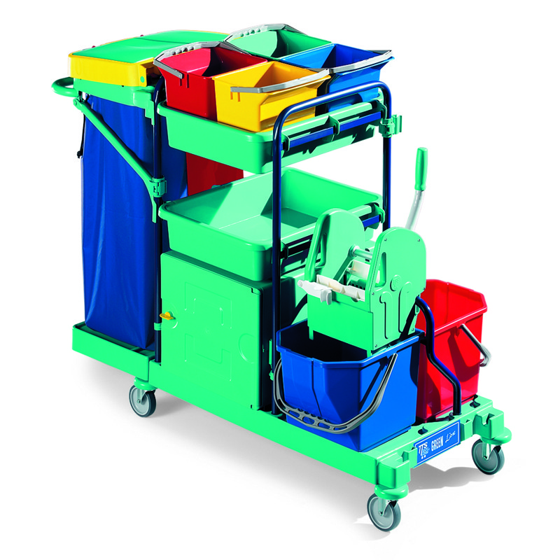 Systemwagen Green Line "Green 500 - 30-l blue" | 73 x 138,5 x 107 cm  | mit abschließbarer Box, 2 15-Liter-Eimern, Presse, Kunststoffschalen, 4 x 6-Liter-Eimer, Abfalleinheit